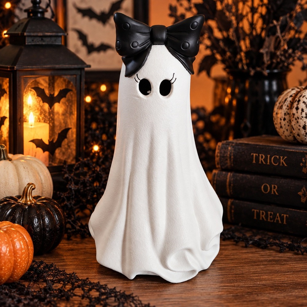 My Texas House Girl Ghost with Bow Decor Halloween Figurine White Black Bow 20"